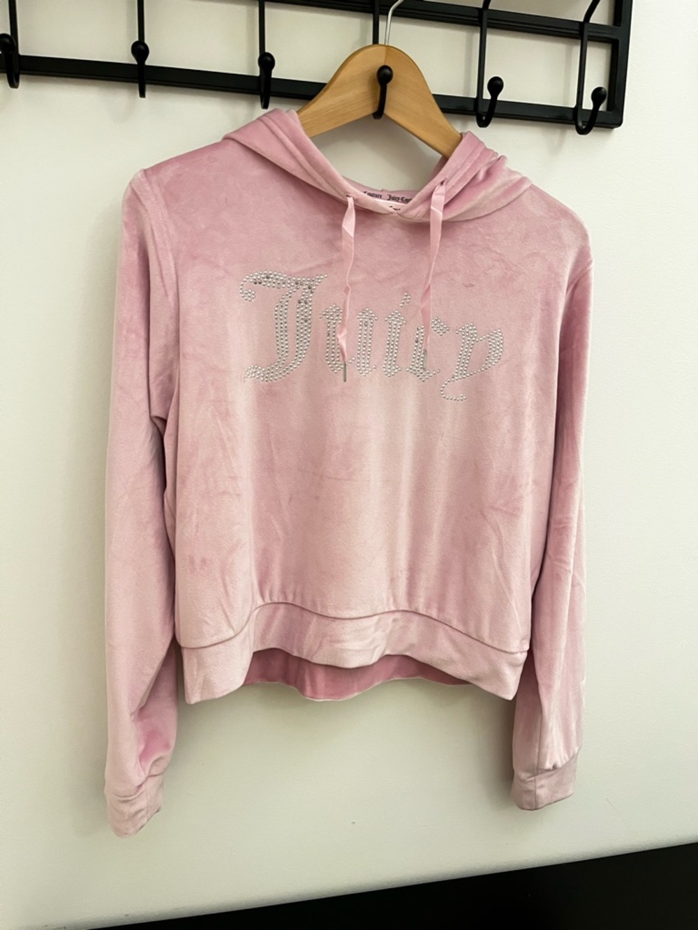 Classic Juicy Couture Pink Velour Rhinestone Logo Loungewear Hoodie L
